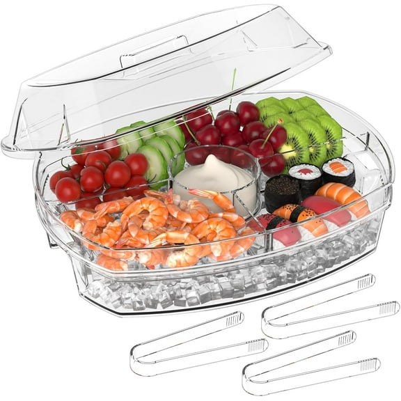 AP Ice Chilled Party Platter - 15'' Divided Serving Tray with Lid and 4 Compartments, Clear Fruit Trays for Serving for Party, Ideal Cold Chilled Serving Trays for Parties, Shrimp Cocktail, Etc