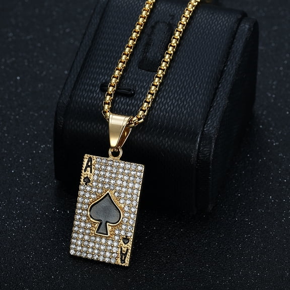 Iced Spades Ace No Fade 14K Gold Iced Out Pendant with Long Link Chain Necklaces for Men Hip Hop Jewelry