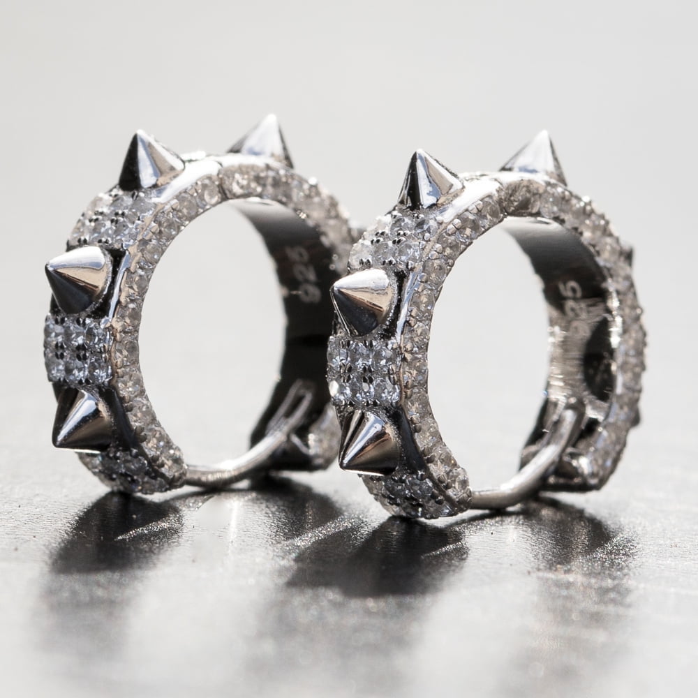 Iced Spike White Gold Plated 925 Sterling Silver Post Huggie  Punk Style Small Thorn Hoop Earrings for Men Women  Hoops Earrings