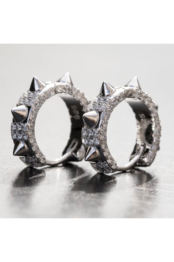 Iced Spike White Gold Plated 925 Sterling Silver Post Huggie Punk Style Small Thorn Hoop Earrings for Men Women Hoops Earrings