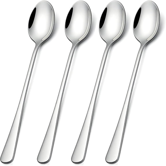 Iced  Spoons Long Handle Set of 4 -7.7 Inch Stainless Steel Long Teaspoons for Tall Glasses, Iced Coffee Milkshake Sundae Dessert Stirring, Mirror Finish Dishwasher Safe Coffee Bar Spoons