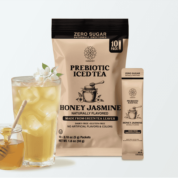 Iced Tea Drink Mix  Prebiotic Iced Tea (10-Pack) Honey Jasmine Flavor  Supports Digestive & Gut Health, Plant Fiber, Zero Sugar, 25 Calories, Made from Green Tea Leaves