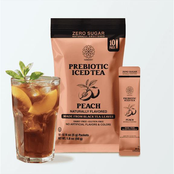 Harmony Proteins Iced Tea Drink Mix Prebiotic Peach Zero Sugar 10-Pack