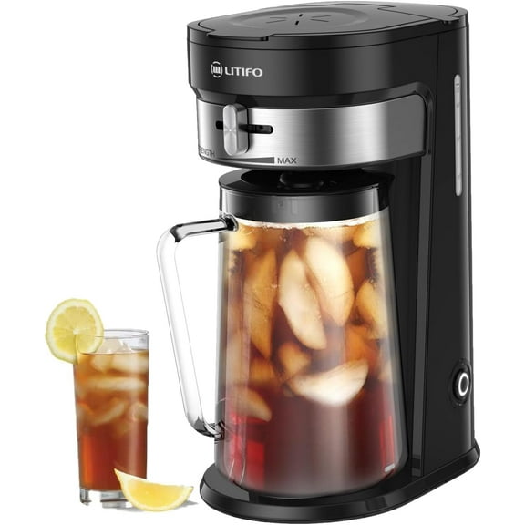 Iced Tea Maker and Iced Coffee Maker Brewing System with 2.5-quart Pitcher, sliding strength selector for Taste Customization, Stainless Steel (Black 2.0)