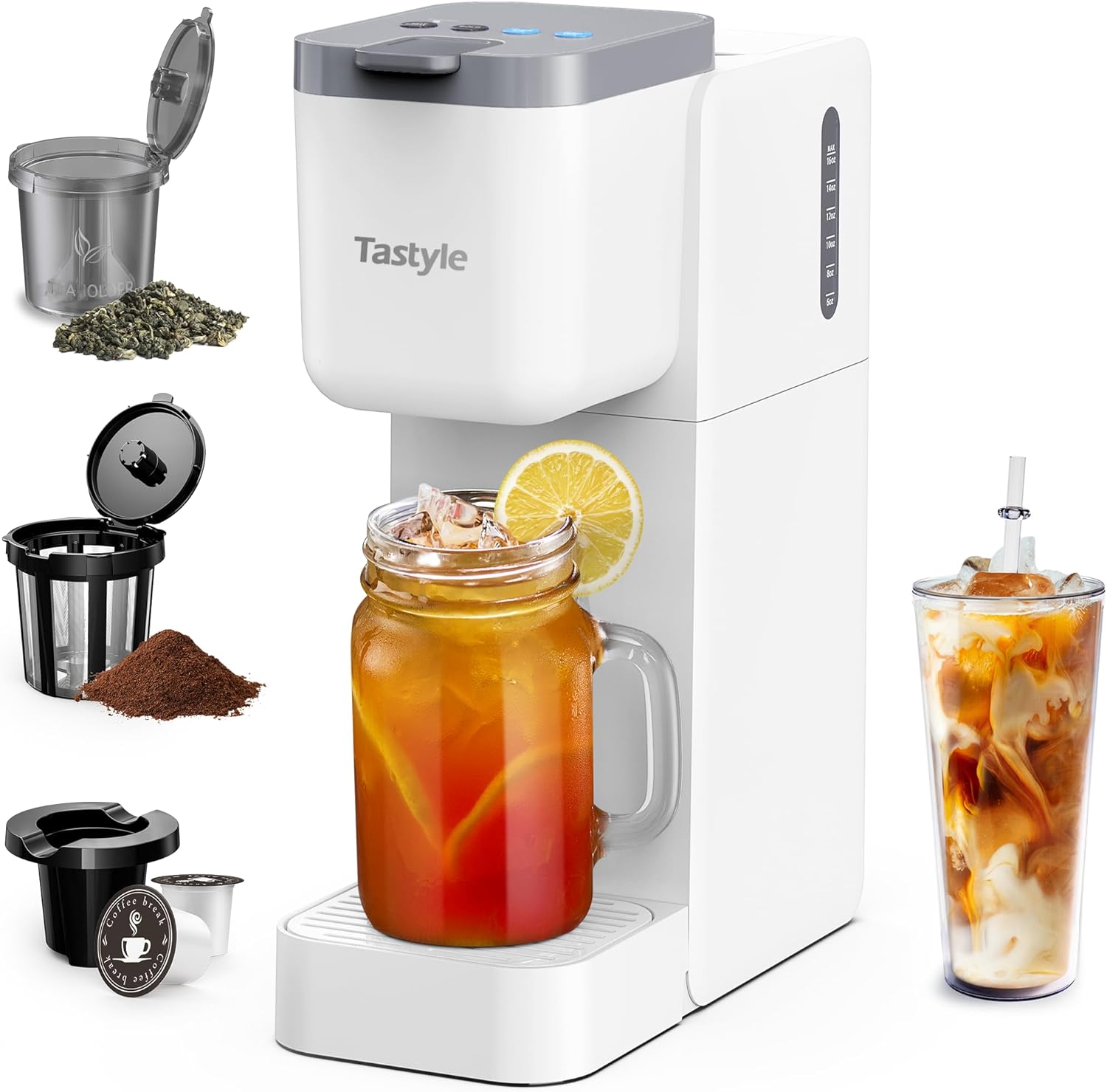 Iced Tea Maker Single Cup Coffee Maker 3 in 1 for K Cup Grounds Tea Hot and Iced Coffee Machine Small with 4 Brew Styles and 16oz Water Reservoir Fits 7.3