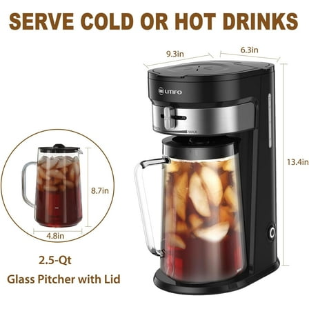 Iced Tea Maker and Iced Coffee Maker with 2.5-Quart Pitcher, Adjustable Strength Selector, Stainless Steel (Black 2.0)