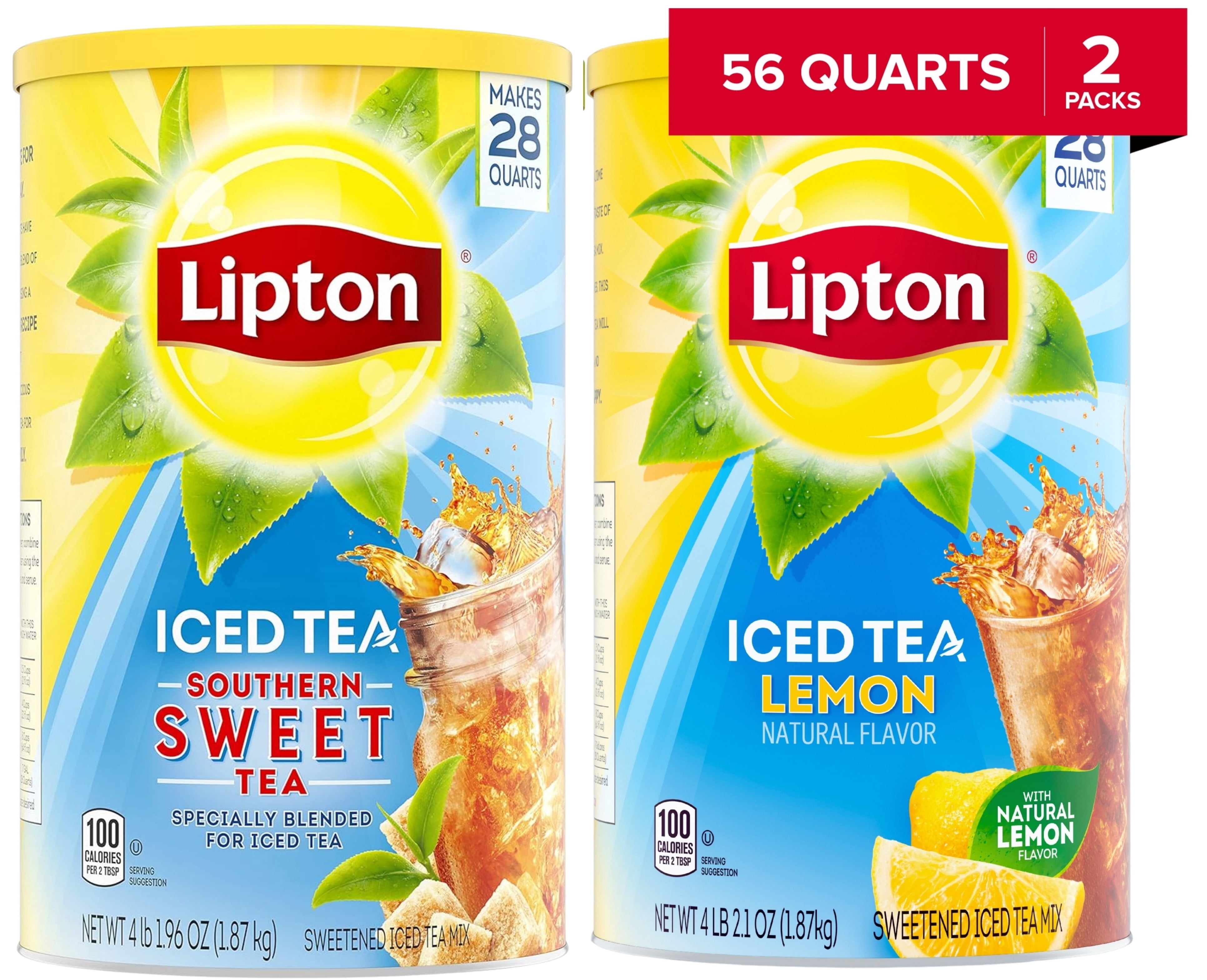 Lipton Variety Pack Iced Tea Mix – Pack of 2, Southern Sweet 28 Quarts & Sweetened Lemon, Makes 56 Quarts Total – Powdered Drink Mix with Real Tea Leaves