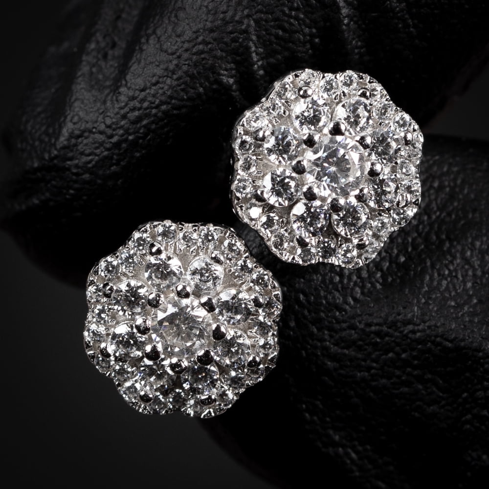 White Gold Plated 925 Sterling Silver Screw Back Post Iced Cz Round Flower Cluster Hip Hop Round Honey Comb Set Stud Earrings