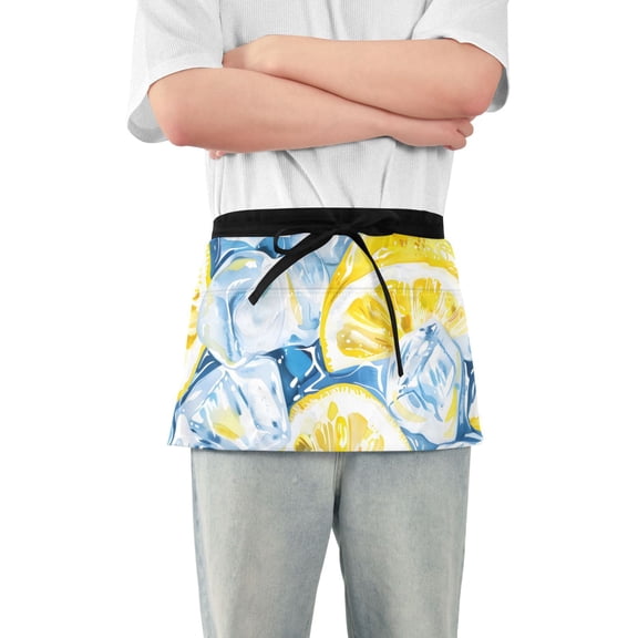 Iced and Lemon Hand Painted Short Server Apron with 3 Pockets for Unisex Chef Gardening