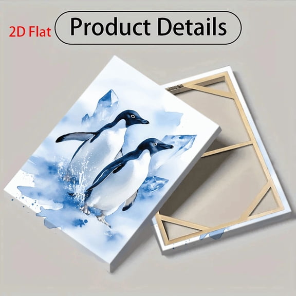 Icefield Penguin Watercolor Painting - 2D Flat Blue & White Antarctic Penguins on Ice Floes, Minimalist Modern Wall Art or Tabletop Decor, Serene Winter Landscape Home Decoration for Living Room