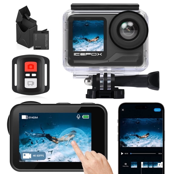 Icefox 4K 60FPS Action Camera, 20MP Waterproof Underwater Camera with Eis, 5X Zoom, Wifi Remote Control for Cycling, Swimming & Diving, Black