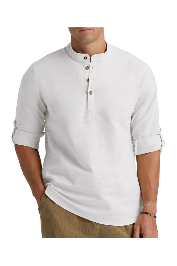 Men Henley Neck Long Sleeve Cotton Linen Shirt Casual Beach Outfit Dress Shirt White L