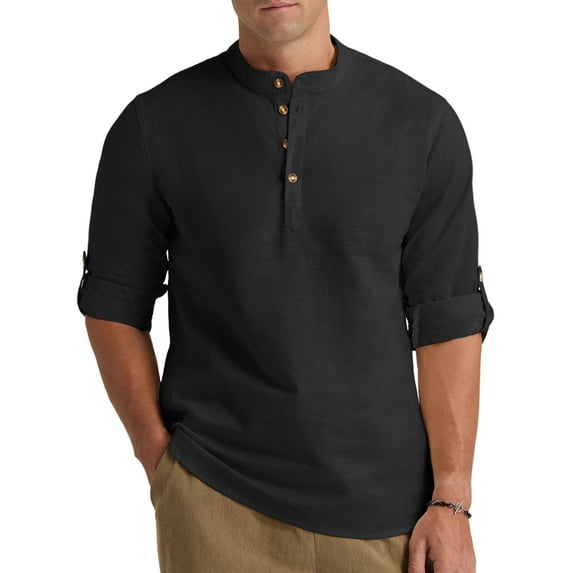 Iceglad Men Henley Neck Long Sleeve Cotton Linen Shirt Casual Beach Outfit Dress Shirt Black 2XL