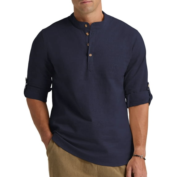 Iceglad Men Henley Neck Long Sleeve Cotton Linen Shirt Casual Beach Outfit Dress Shirt Navy Blue S