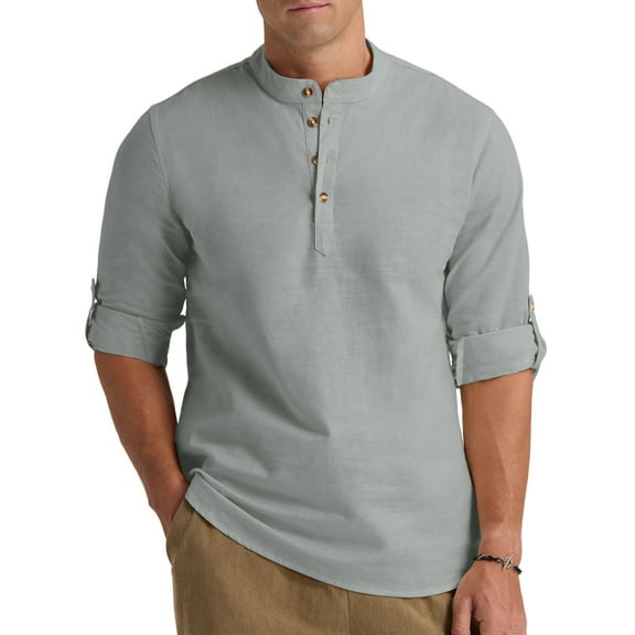 Iceglad Men Henley Neck Long Sleeve Cotton Linen Shirt Casual Beach Outfit Dress Shirt Grey L