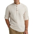 thumbnail image 1 of Iceglad Men Henley Neck Long Sleeve Cotton Linen Shirt Casual Beach Outfit Dress Shirt Beige XL, 1 of 8
