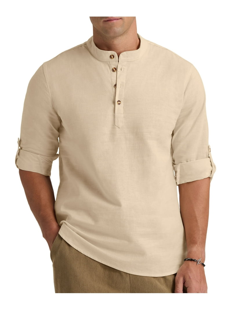 Iceglad Men's Slim Fit Cotton Linen Henley Neck Shirts, Long