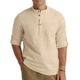thumbnail image 1 of Iceglad Men Henley Neck Long Sleeve Cotton Linen Shirt Casual Beach Outfit Dress Shirt Khaki S, 1 of 8