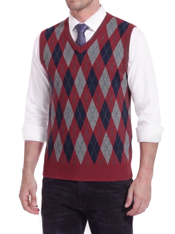 Men's Argyle Sweater Vest V-Neck Classic Knit Sleeveless Pullover Preppy Golf Vest for Fall Winter