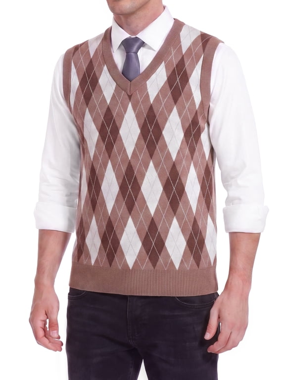 Men's Argyle Sweater Vest V-Neck Classic Knit Sleeveless Pullover Preppy Golf Vest for Fall Winter
