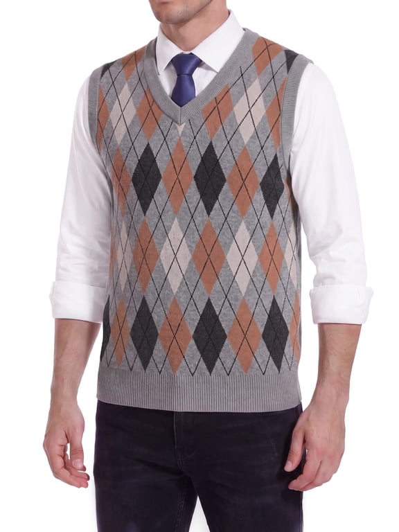 Men's Argyle Sweater Vest V-Neck Classic Knit Sleeveless Pullover Preppy Golf Vest for Fall Winter