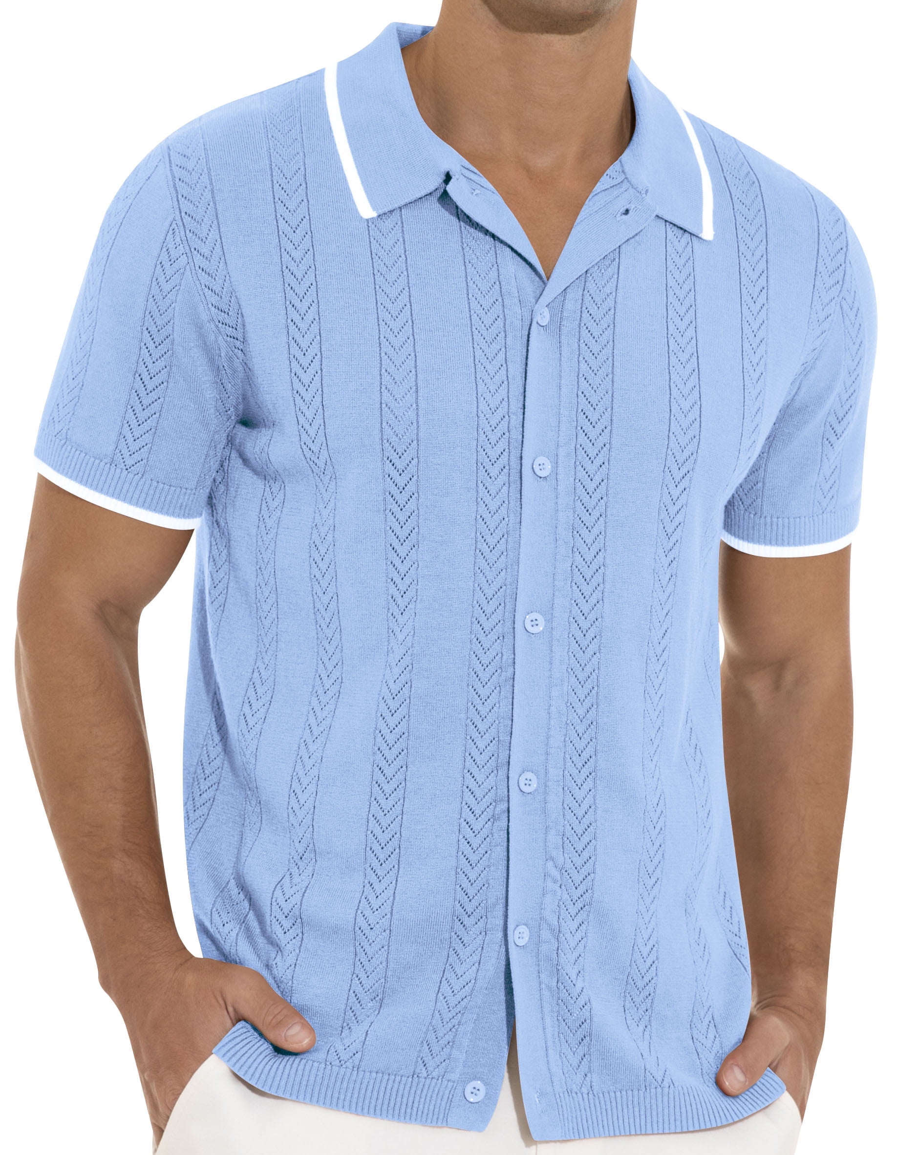 Iceglad Men's Vintage Short Sleeve Knit Polo Shirts, Casual Button Down Beach Tops
