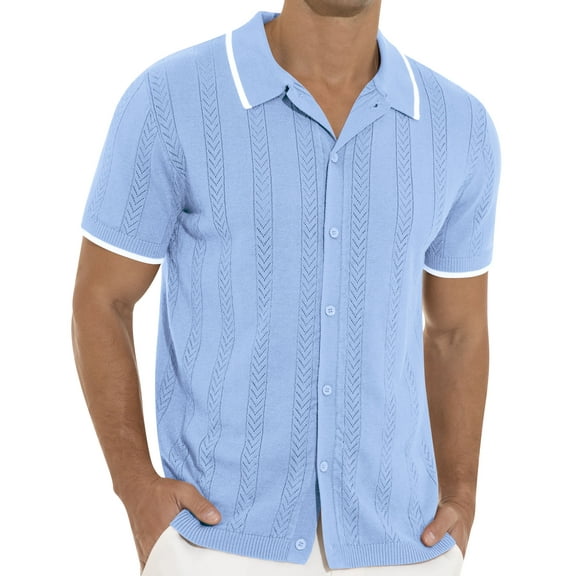 Iceglad Men's Casual Button Down Shirt Short Sleeve Vintage Clothes Knit Polo Shirts Summer Beach Shirts