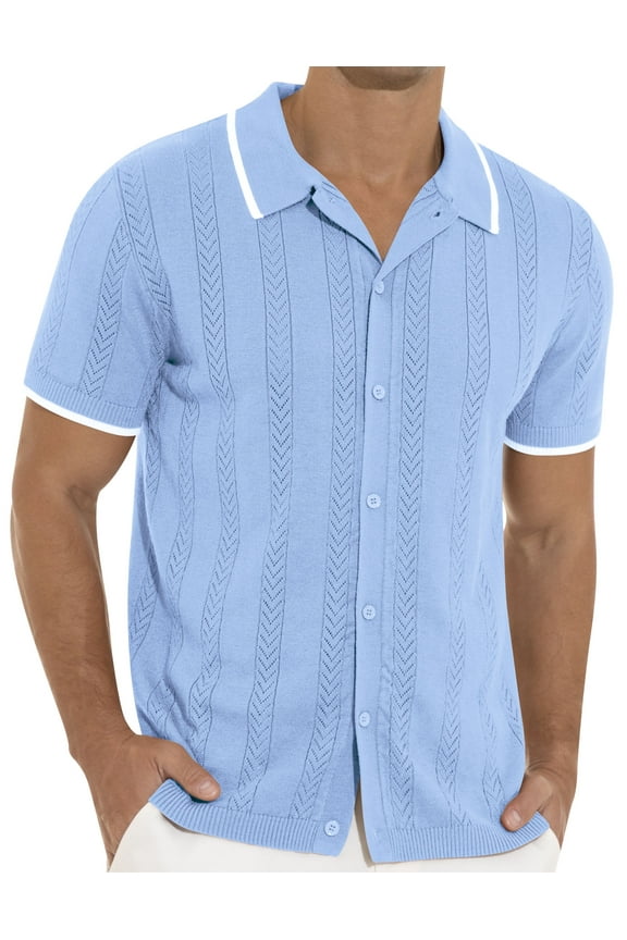 Men's Casual Button Down Shirt Short Sleeve Vintage Clothes Knit Polo Shirts Summer Beach Shirts
