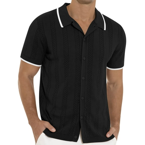 Iceglad Men's Casual Button Down Shirt Short Sleeve Vintage Clothes Knit Polo Shirts Summer Beach Shirts