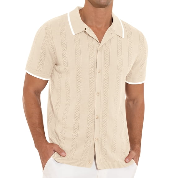 Iceglad Men's Casual Button Down Shirt Short Sleeve Vintage Clothes Knit Polo Shirts Summer Beach Shirts