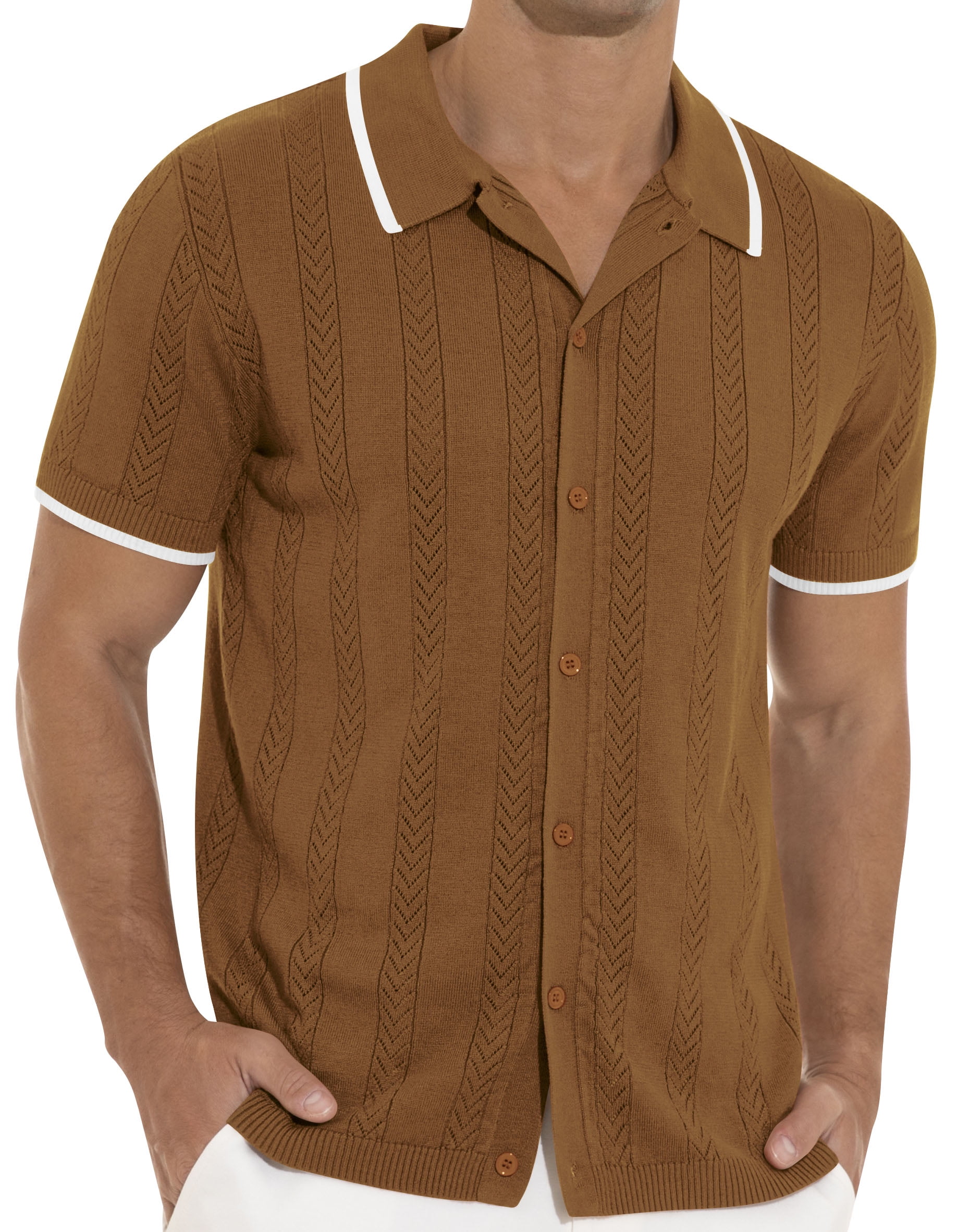 Iceglad Men's Casual Button Down Shirt Short Sleeve Vintage Clothes Knit Polo Shirts Summer Beach Shirts