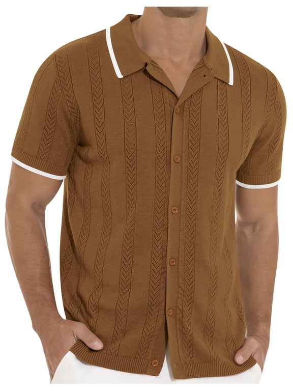 Men's Casual Button Down Shirt Short Sleeve Vintage Clothes Knit Polo Shirts Summer Beach Shirts