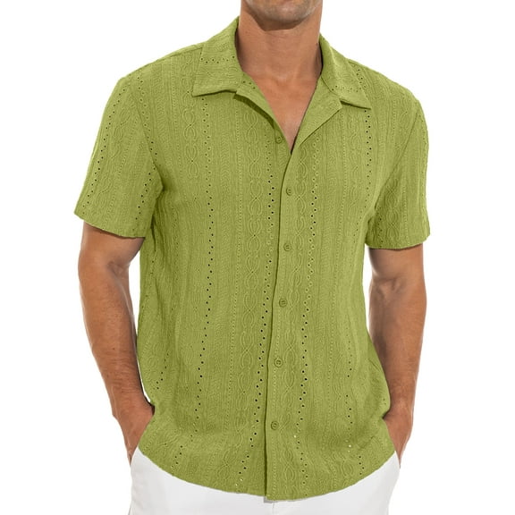 Iceglad Men's Casual Button Down Shirts Short Sleeve Shirts Vacation Beach Summer Hollow Out Tops