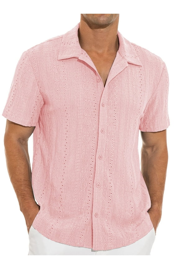 Men's Casual Button Down Shirts Short Sleeve Shirts Vacation Beach Summer Hollow Out Tops