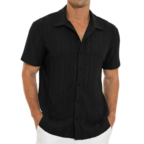 Iceglad Men's Casual Button Down Shirts Short Sleeve Shirts Vacation Beach Summer Hollow Out Tops