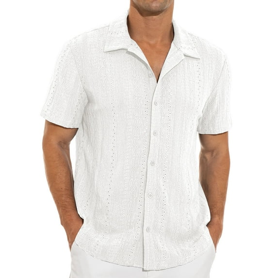 Iceglad Men's Casual Button Down Shirts Short Sleeve Shirts Vacation Beach Summer Hollow Out Tops