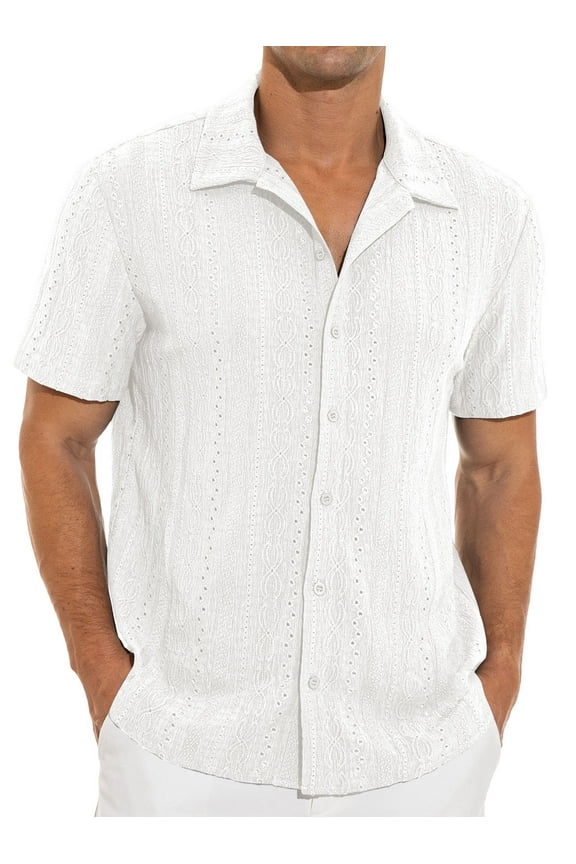 Men's Casual Button Down Shirts Short Sleeve Shirts Vacation Beach Summer Hollow Out Tops