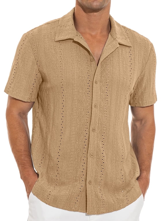 Men's Casual Button Down Shirts Short Sleeve Shirts Vacation Beach Summer Hollow Out Tops