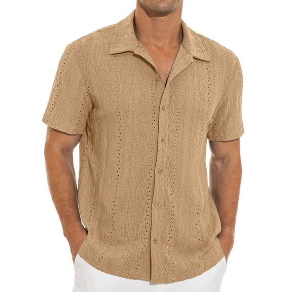Iceglad Men's Casual Button Down Shirts Short Sleeve Shirts Vacation Beach Summer Hollow Out Tops