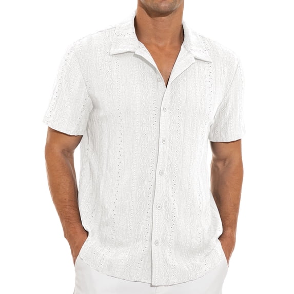 Iceglad Men's Casual Button Down Shirts Short Sleeve Shirts Vacation Beach Summer Hollow Out Tops
