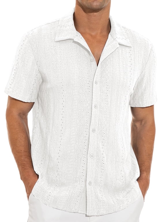 Men's Casual Button Down Shirts Short Sleeve Shirts Vacation Beach Summer Hollow Out Tops