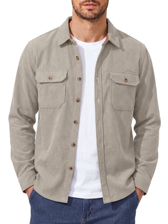 Men's Corduroy Shirt Long Sleeve Casual Button Down Shacket Jacket with Flap Chest Pockets