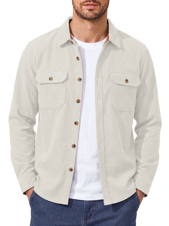 Men's Corduroy Shirt Long Sleeve Casual Button Down Shacket Jacket with Flap Chest Pockets