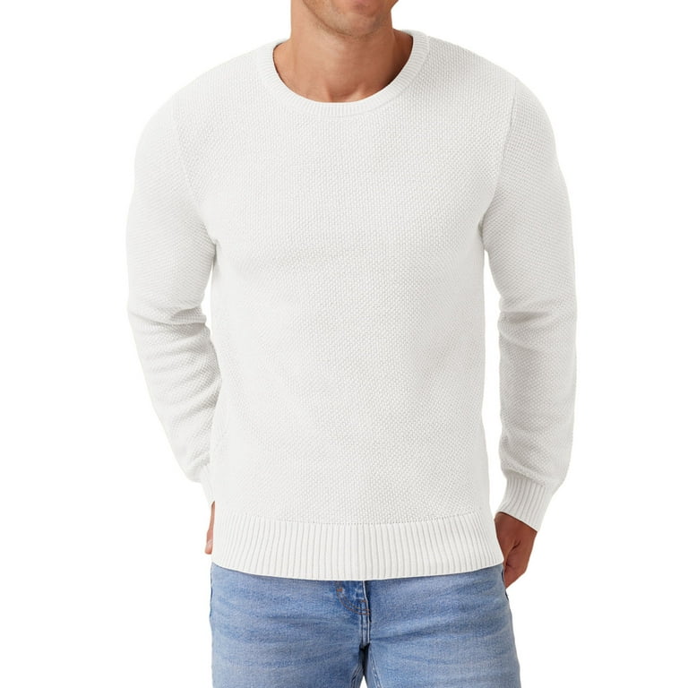 Iceglad Mens Pullover Sweater Soft Lightweight Casual Classic Crewneck Knitwear Sweaters with Ribbing Edge White l