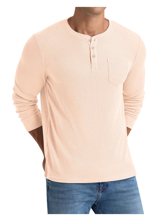 Men's Henley Shirts Long Sleeve Basic Waffle Pique Pullover T-Shirt with Pocket