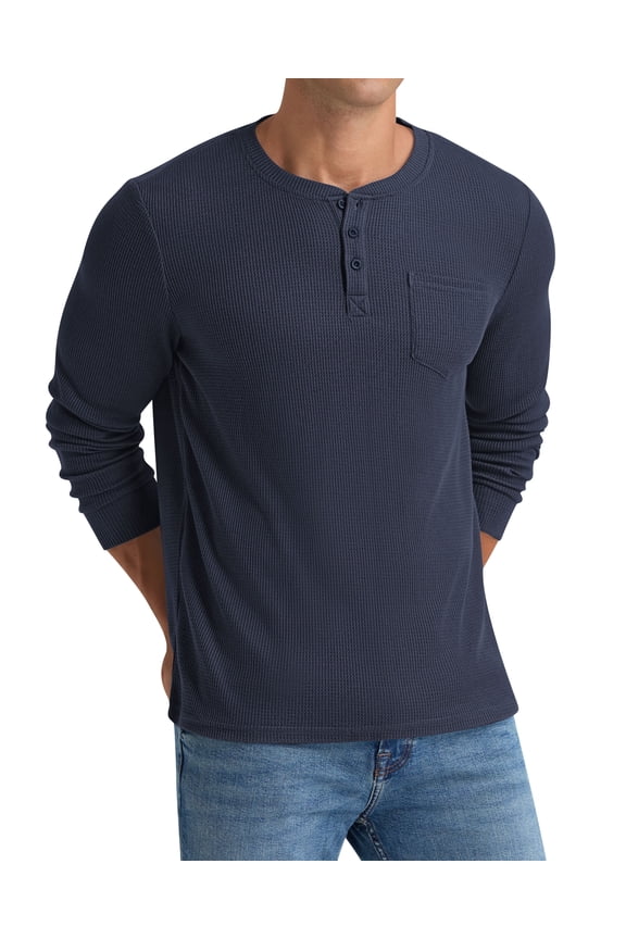 Men's Henley Shirts Long Sleeve Basic Waffle Pique Pullover T-Shirt with Pocket