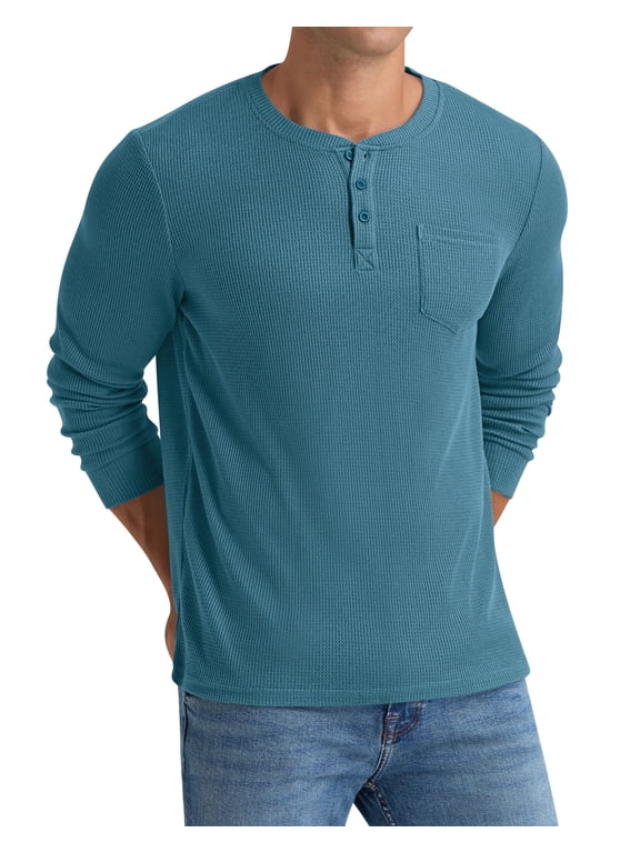 Men's Henley Shirts Long Sleeve Basic Waffle Pique Pullover T-Shirt with Pocket