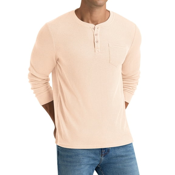 Iceglad Men's Henley Shirts Long Sleeve Basic Waffle Pique Pullover T-Shirt with Pocket