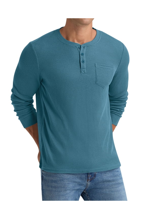 Men's Henley Shirts Long Sleeve Basic Waffle Pique Pullover T-Shirt with Pocket
