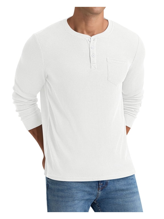 Men's Henley Shirts Long Sleeve Basic Waffle Pique Pullover T-Shirt with Pocket